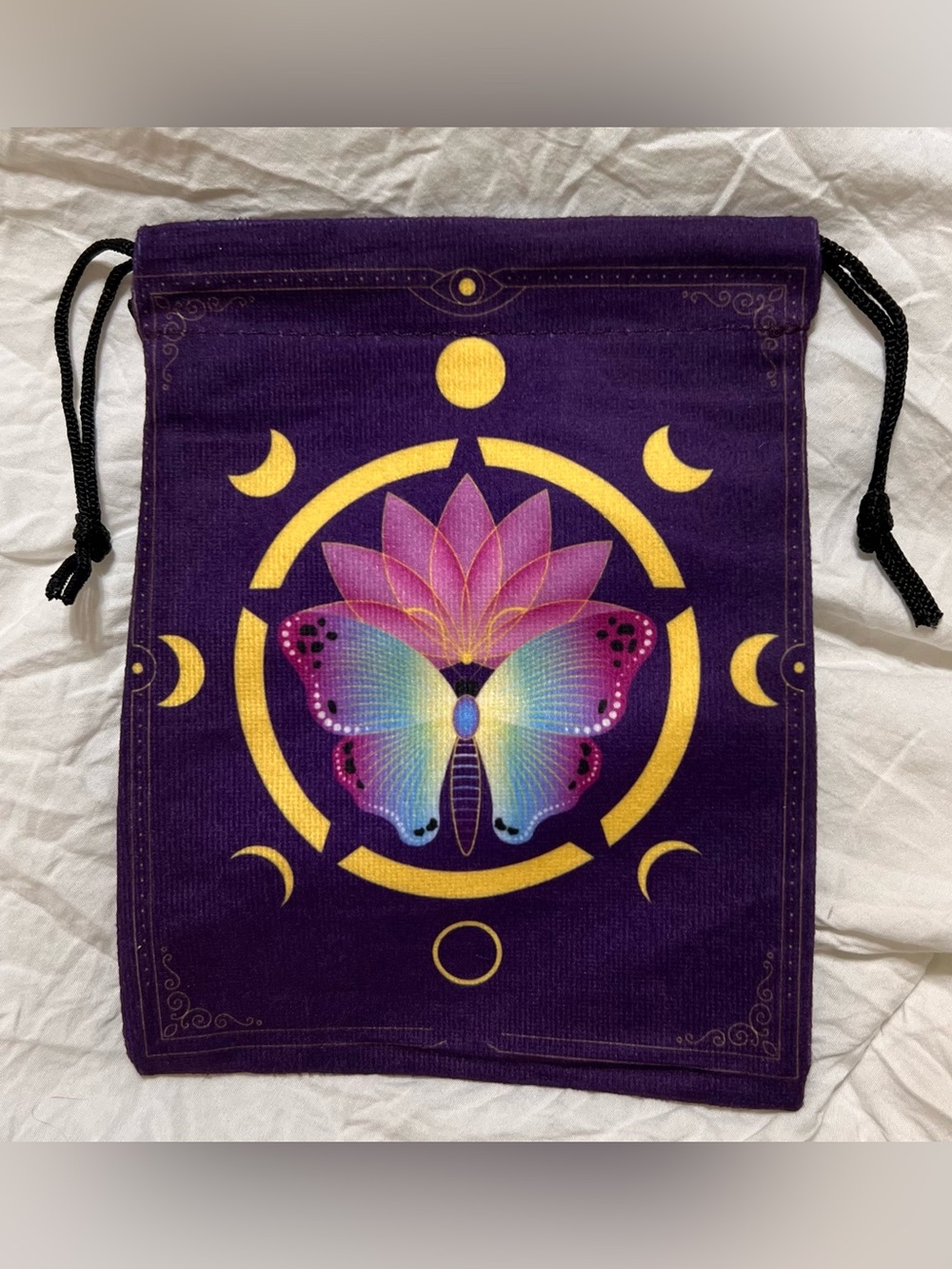 Purple Velvet Butterfly Moon Phase Drawstring Tarot Card Pouch Bag